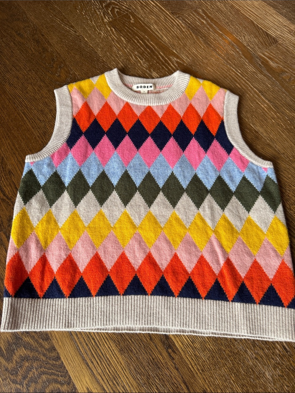 Boden Sleeveless Argyle Knit Vest in Pink, Yellow & Navy - Picture 4 of 5